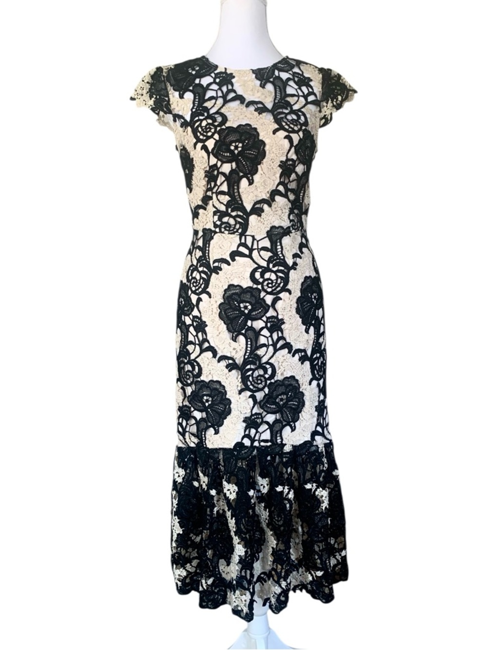 Lace Dress Black Cream Floral Sheath Midi Cap Sleeve Cocktail Elegant Feminine